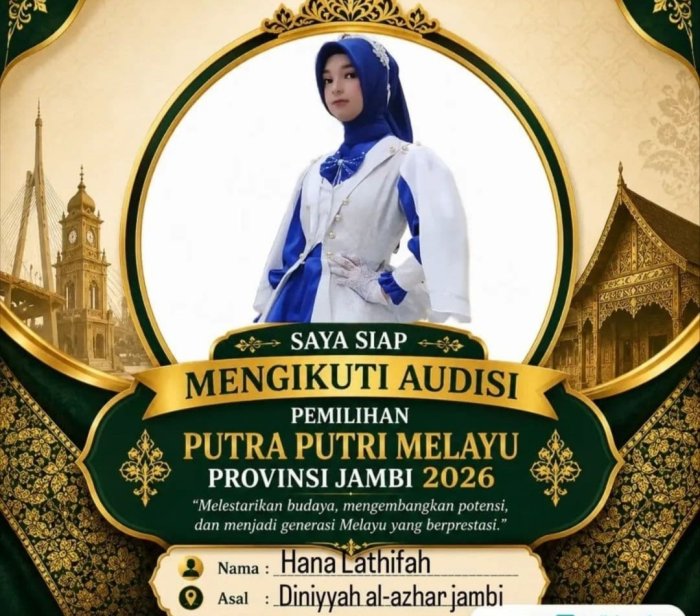 Hana Latifa, Alumni MIN 1 Merangin Ikuti Audisi Putra Putri Melayu Provinsi Jambi 2026. Hana Latifa, Alumni MIN 1 Merangin Ikuti Audisi Putra Putri Melayu Provinsi Jambi 2026.
